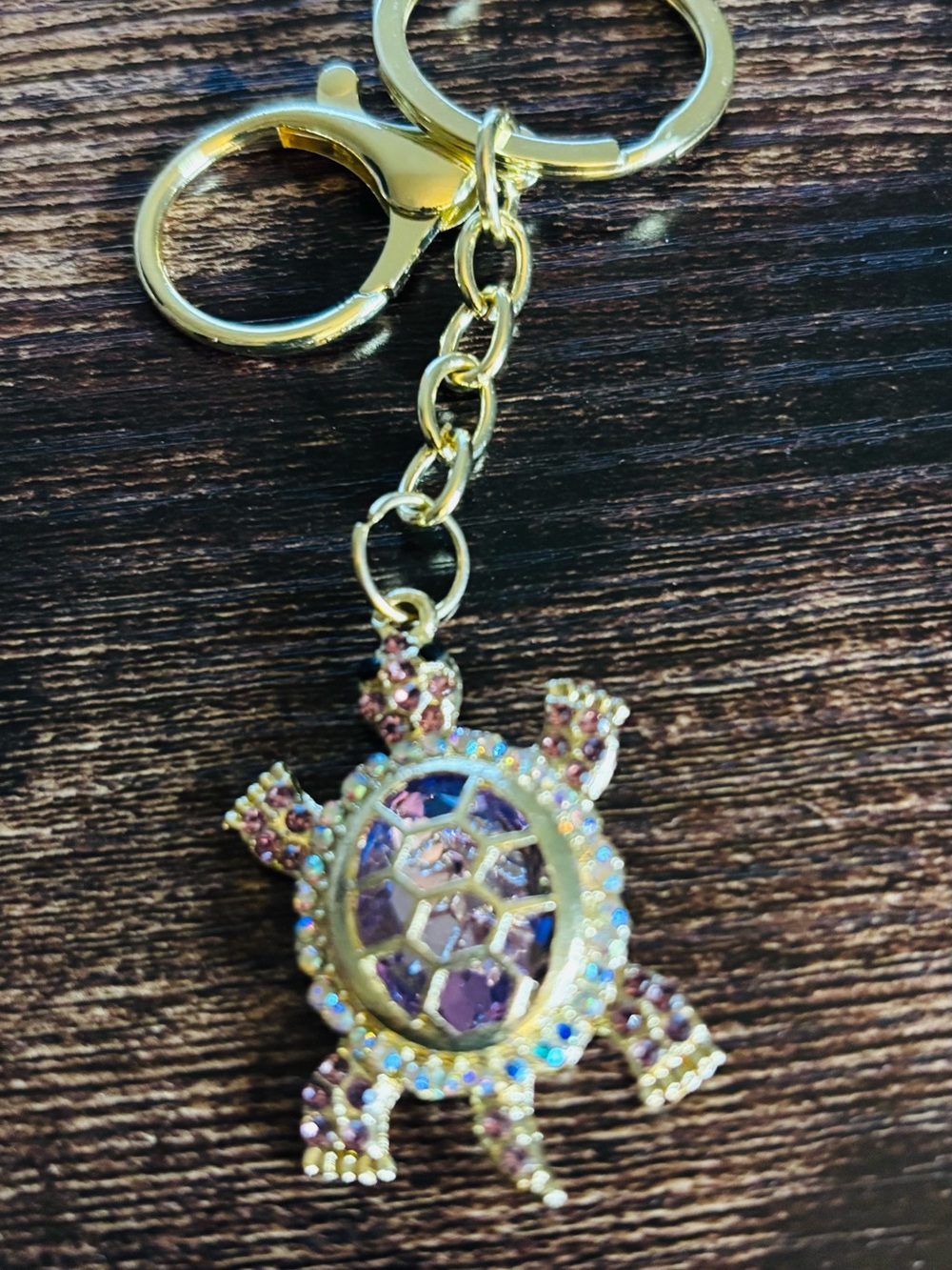 Gold Tone Turtle Keychain Pendant with Purple Rhinestone Stones